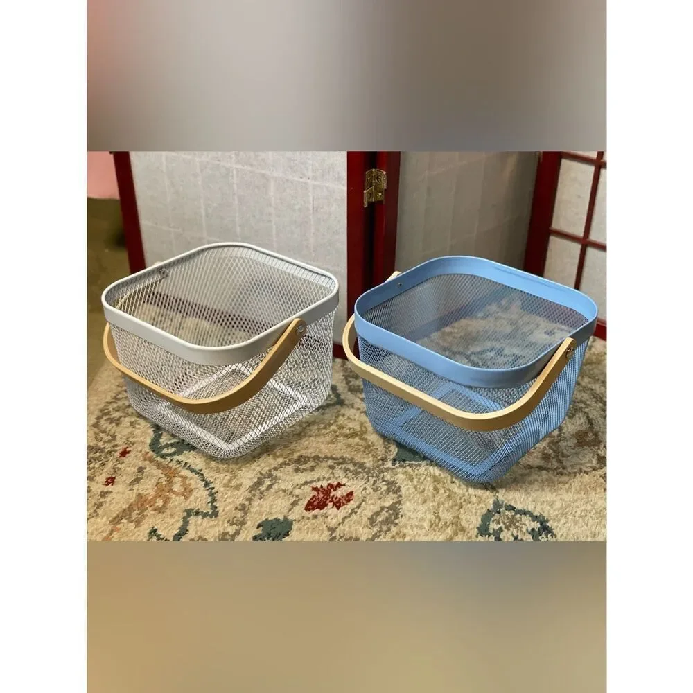 Blue & White Metal Storage Baskets with Natural Wood Handles - Home Accents